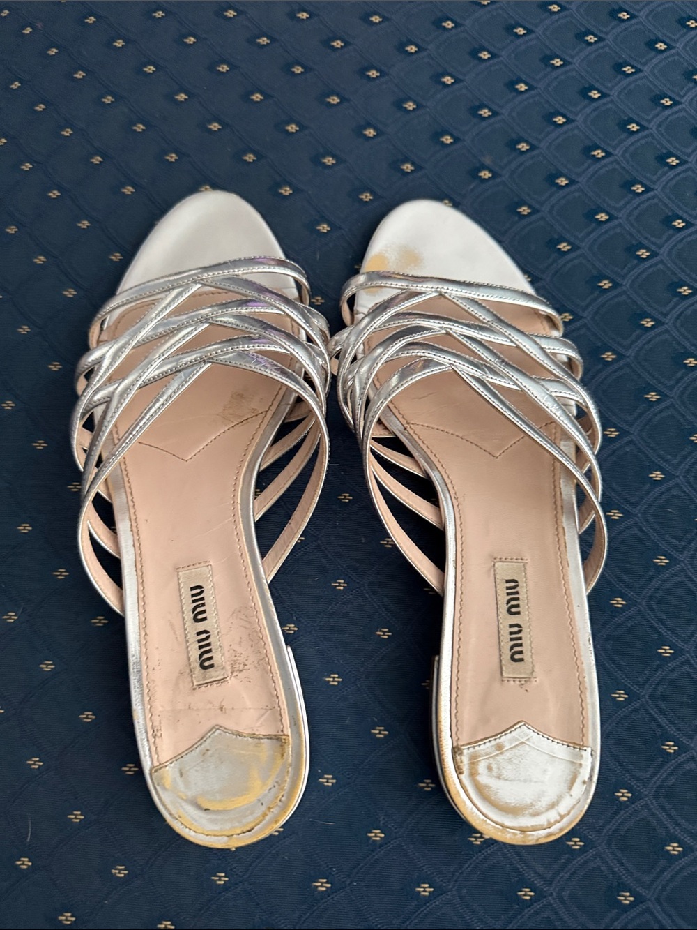 Miu Miu Silver Strappy Slide Mules
